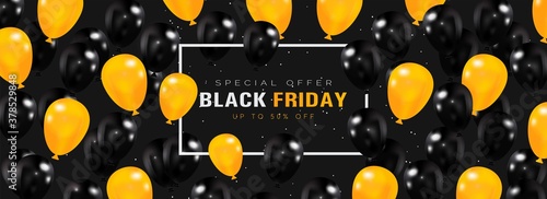 Black friday sale banner with black and yellow balloons
