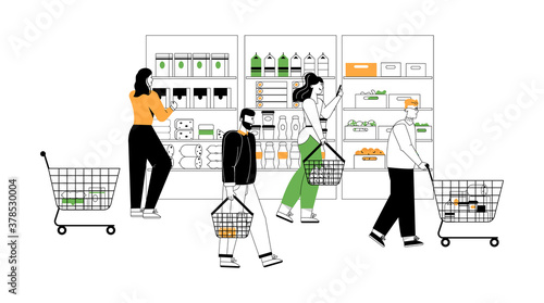 Customers at grocery or supermarket scene in graphic linear style