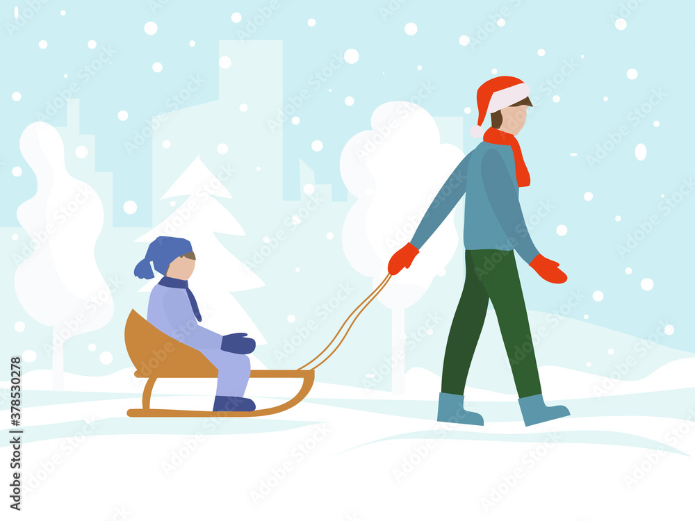 Christmas winter illustration. Father drags a sled with his son across the snow.  A man wears a cap of Santa Claus and red mittens. with snowflakes in the winter cityscape. Vector flat design