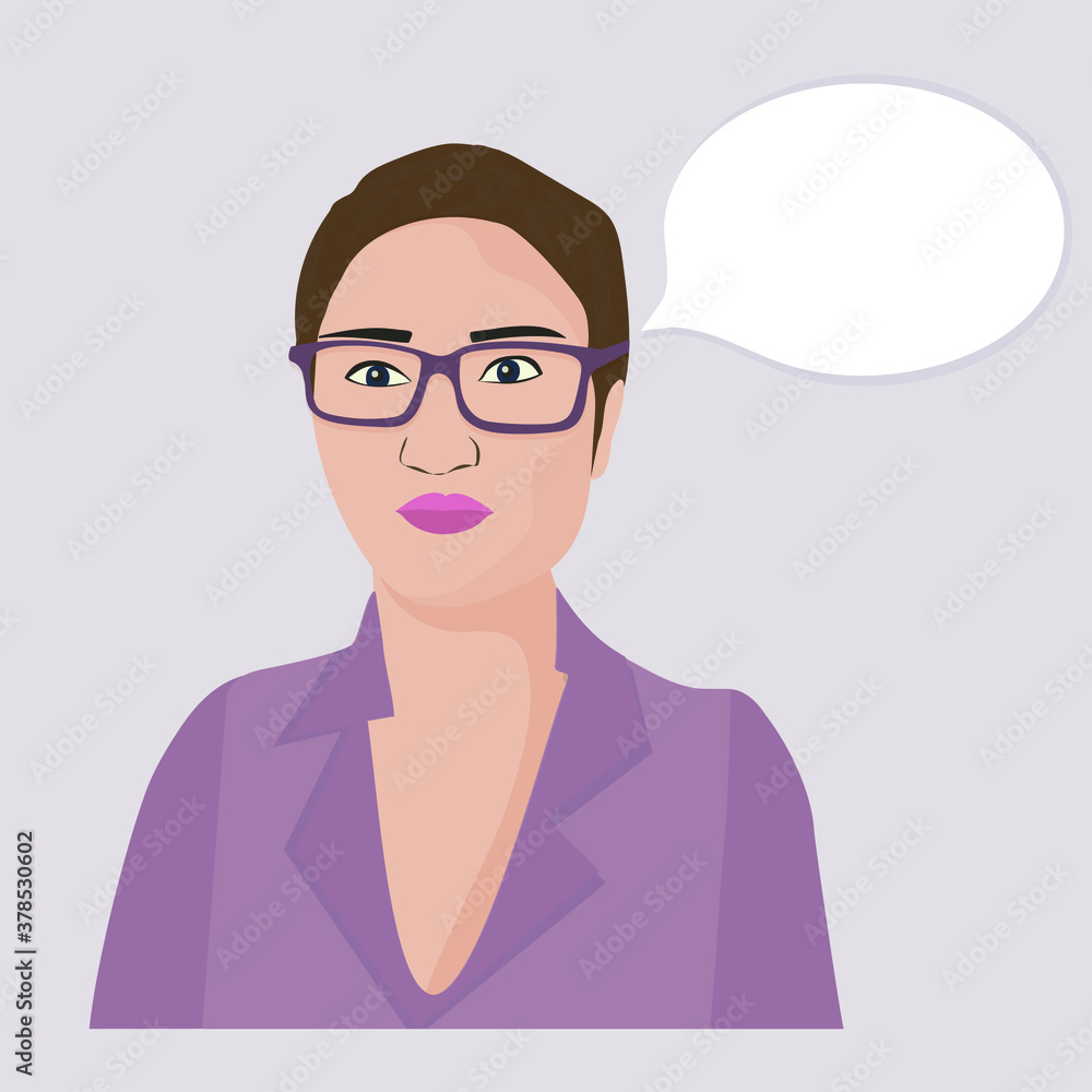 A portrait of a successful businesswoman.Short haircut, glasses. A woman with a speech balloon. Vector flat illustration A portrait of a successful businesswoman.Short haircut, glasses. A woman with a speech balloon. Vector flat illustration