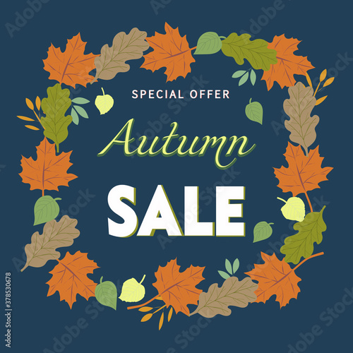 Advertising banner with the concept of autumn sale, against the background of leaves of different trees and colors. Important information with a special offer