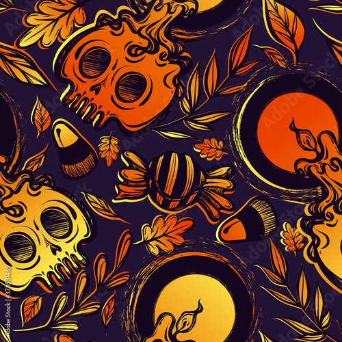 Vector illustration, Halloween, skull with candles, candy corn, leaves, mysticism. Handmade, prints, background dark,seamless pattern