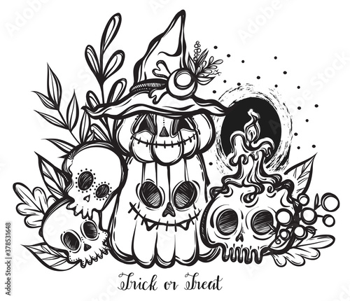 Vector illustration, Happy Halloween, pumpkin in witch hat, skull, candle, leaves, mysticism, background  white. Handmade, prints
