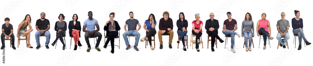 large group of mixed people siiting on chair on white background