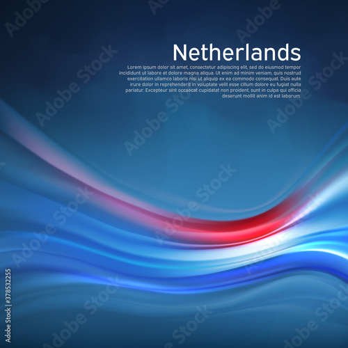Netherlands abstract flag background. Blurred pattern of light colors lines of the dutch flag in the blue sky, business brochure. State banner, Dutch poster, patriotic cover, flyer. Vector design
