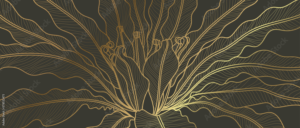 Luxury golden art deco wallpaper. Floral pattern with golden split-leaf Philodendron plant with monstera plant line art on green emerald color background. Vector illustration.