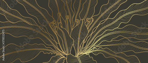 Luxury golden art deco wallpaper. Floral pattern with golden split-leaf Philodendron plant with monstera plant line art on green emerald color background. Vector illustration.