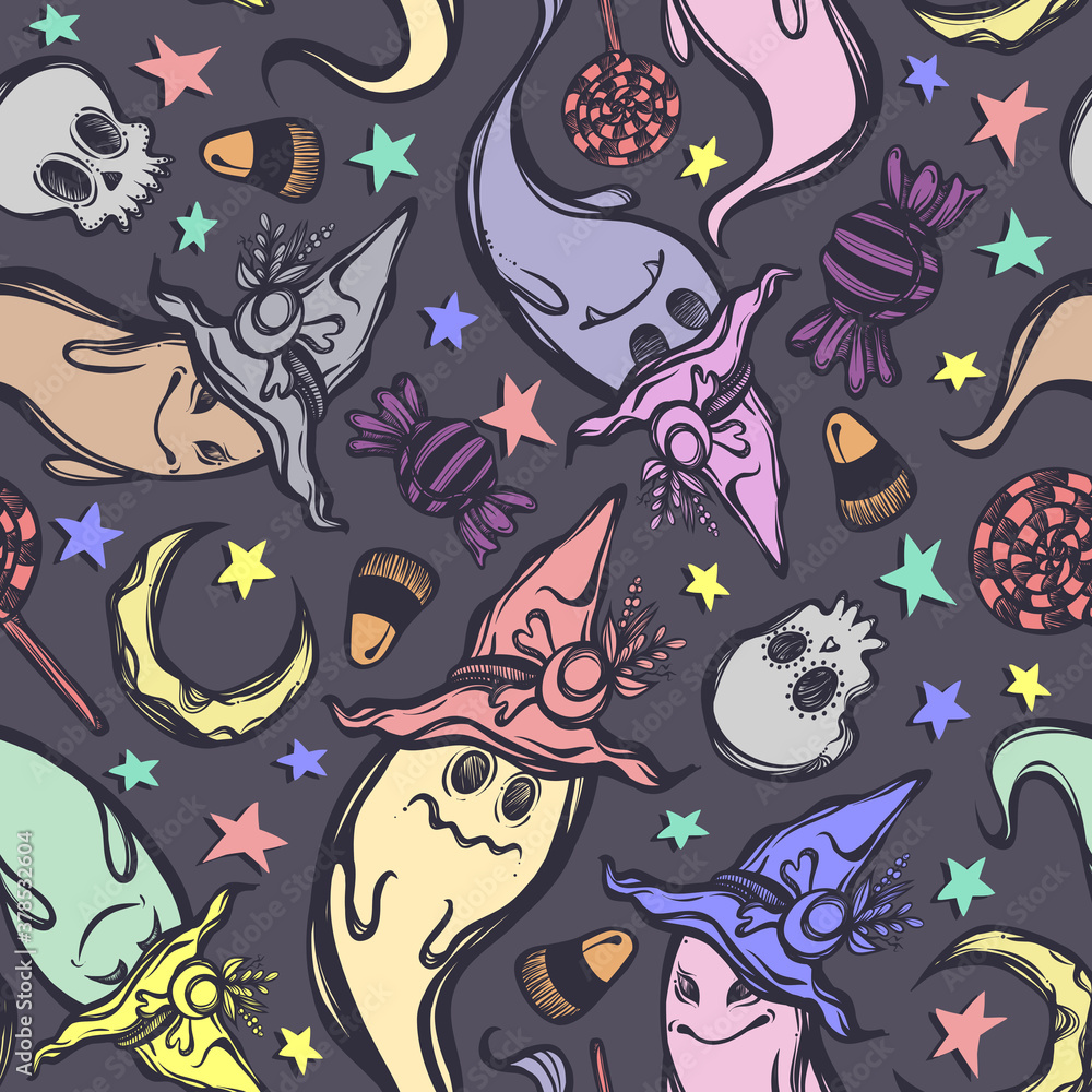 Vector illustration,Halloween,ghosts in witch hats,skulls, sweets, mysticism. Handmade, prints on T-shirts,seamless pattern,dark background Vector illustration,Halloween,ghosts in witch hats,skulls, sweets, mysticism. Handmade, prints on T-shirts,seamless pattern,dark background