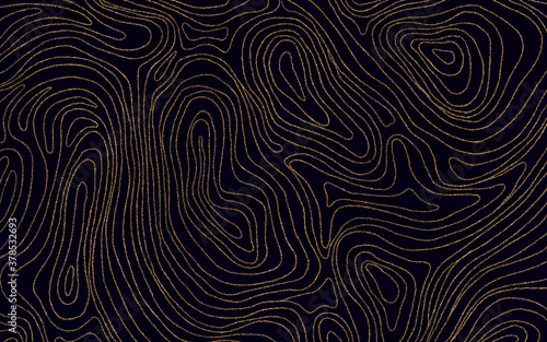 topographic lines luxury background, black and golden horizontal template. Handmade watercolor on dark blue background. Elegant gold veins and splashes wallpaper.