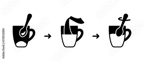 Standard instruction for Instant coffee, tea preparation. Process of making drink with water in mug. Outline silhouette icons set for packaging of medicine powder, soluble drug. Contour black vector
