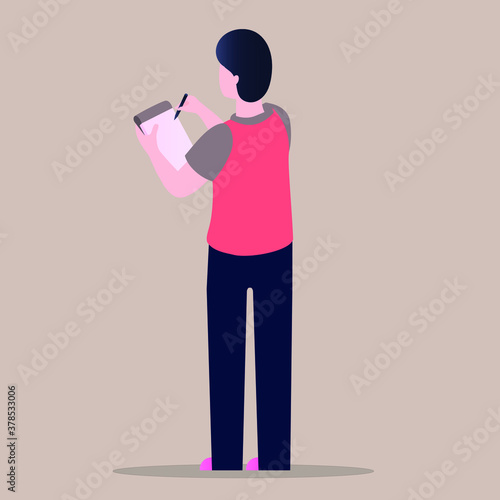 A man from his back standing and holding a notepad with pen in his hand