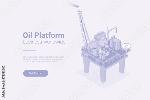 Oil Platform Isometric Flat white monochrome vector concept.