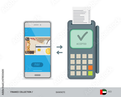 POS Terminal with 200 United Arab Emirates Dirham banknote. Flat style vector illustration. Finance concept.