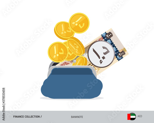 Blue opened purse with 200 United Arab Emirates Dirham banknote and coins. Flat style vector illustration. Business concept.