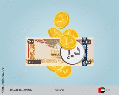200 United Arab Emirates Dirham banknote with flying coins. Flat style vector illustration. Finance concept.