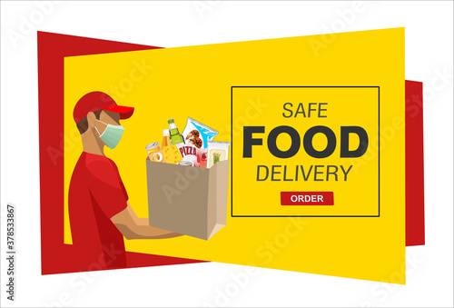 Safe food delivery at home during coronavirus epidemic: delivery man holding a bag with fast food, he is wearing a face mask and gloves