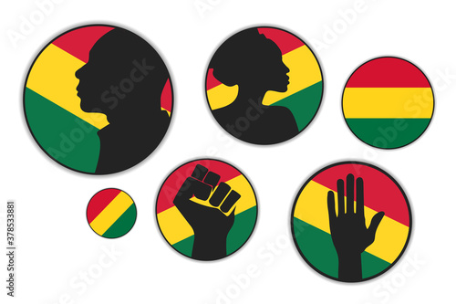 Set of different silhouettes of African American people with red, yellow, green flag on the background. Vector EPS10 illustration.