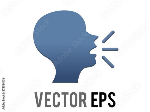 Vector dark blue silhouette of speaking person head emoji icon with lines demonstrating speech