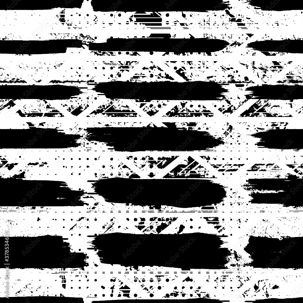 Grunge Paint stripe . Vector brush Stroke . Distressed banner . Repeating  Black isolated paintbrush shapes . Modern Textured background . Dry border in Black . Seamless pattern . Endless texture . 