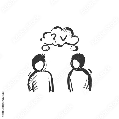 Mutual understanding line icon. Two people standing together and thinking the same. Outline drawing. Intuitive connection. Non-verbal comprehension concept. Isolated vector illustration