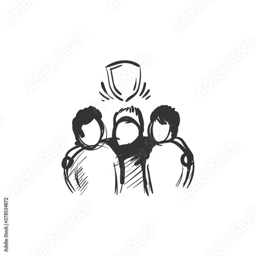 Brotherhood line icon. Three people standing and hugging under shield. Outline drawing. Relationship between brothers or close friends concept. Isolated vector illustration
