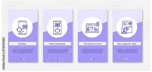 Customer service mobile app. Set of app screens with chatbot, voice assistants, personal account and customer data use. UI, UX, web template with RGB color linear icons. Client care and support