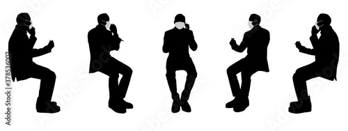 Vector concept conceptual  silhouette men talking on phone while social distancing as means of prevention and protection against coronavirus contamination. A metaphor for the new normal.