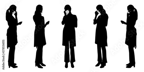 Vector concept conceptual  silhouette women working while social distancing as means of prevention and protection against coronavirus contamination.