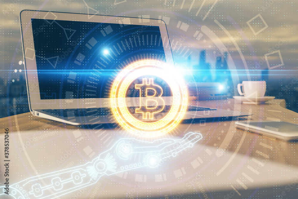 Double exposure of blockchain theme hologram and table with computer background. Concept of bitcoin crypto currency. Double exposure of blockchain theme hologram and table with computer background. Concept of bitcoin crypto currency.