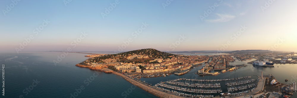 Aerial panorama of the city and port of Sete on a summer morning, in Herault in Occitanie, France