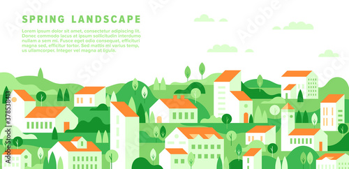 Vector spring cityscape in simple minimal geometric flat style. Horizontal spring summer landscape with buildings, house, tree, hill, field. City building houses view illustration. Minimal cityscape