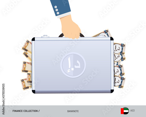Hand holds a metal case with 200 United Arab Emirates Dirham banknotes. Flat style vector illustration. Salary payout or corruption concept.