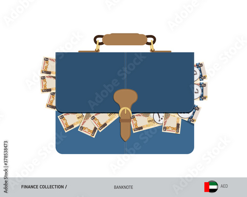 Leather briefcase with 200 United Arab Emirates Dirham banknotes. Flat style vector illustration. Salary payout or corruption concept.