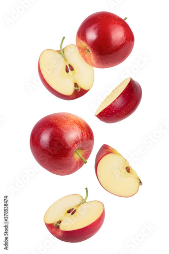 Εκτύπωση καμβά falling Red apple slices isolated on white background,