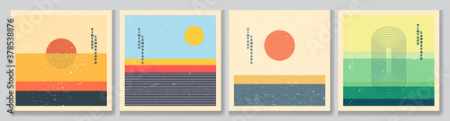 Vector illustration. Bauhaus. Mid century modern graphic. 70s retro funky graphic. Grunge texture. Minimalist landscape set. Abstract shapes. Design elements for social media, blog post, banner, card