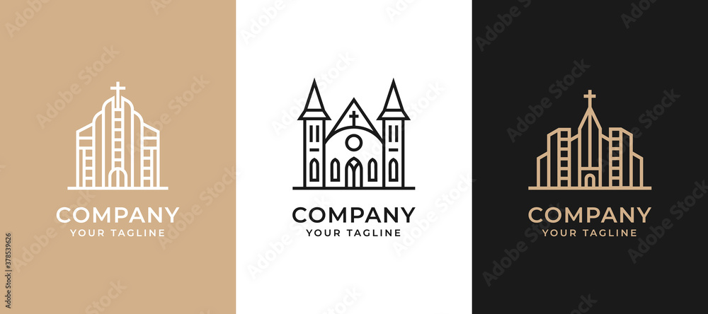 Creative minimalist building logo design with concept line art. Vector illustration.