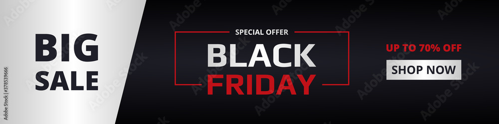 Black friday, wide banner template. Black friday dark, red and silver horizontal banner. Big sale, special offer, up to 70% off. Black friday, wide banner template. Black friday dark, red and silver horizontal banner. Big sale, special offer, up to 70% off.