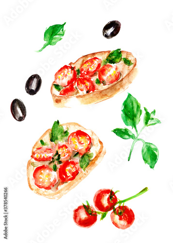 Hand drawn watercolor food recipe illustration with ingredients
