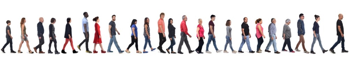 large group of mixed people walking on white background,