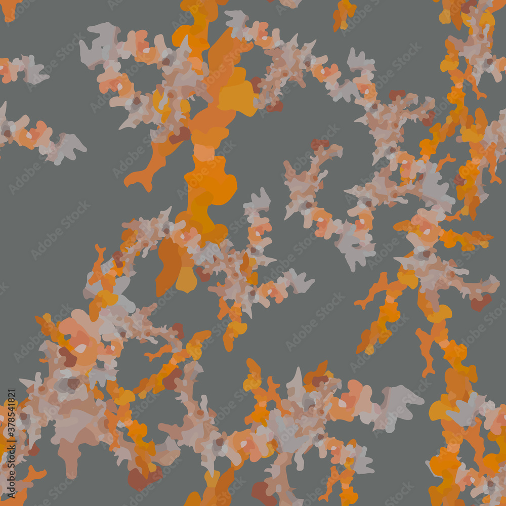 Urban camouflage of various shades of grey, orange and red colors