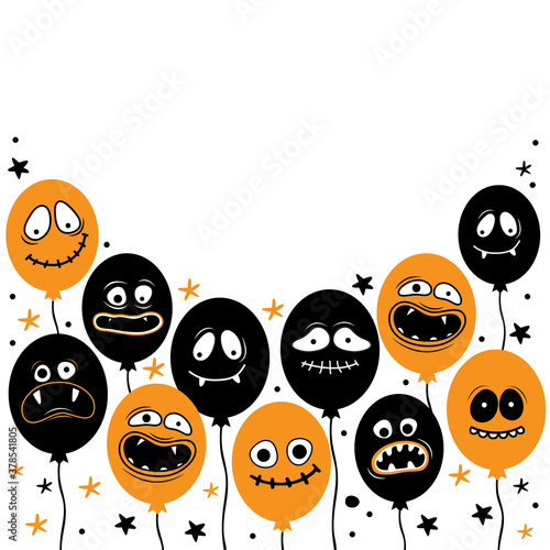 Square banner template for happy Halloween. Balloons with creepy faces, jaws, teeth and open mouths. Cartoon character Ghost, monster, Jack Skellington. Place for text. Hand drawn vector illustration.