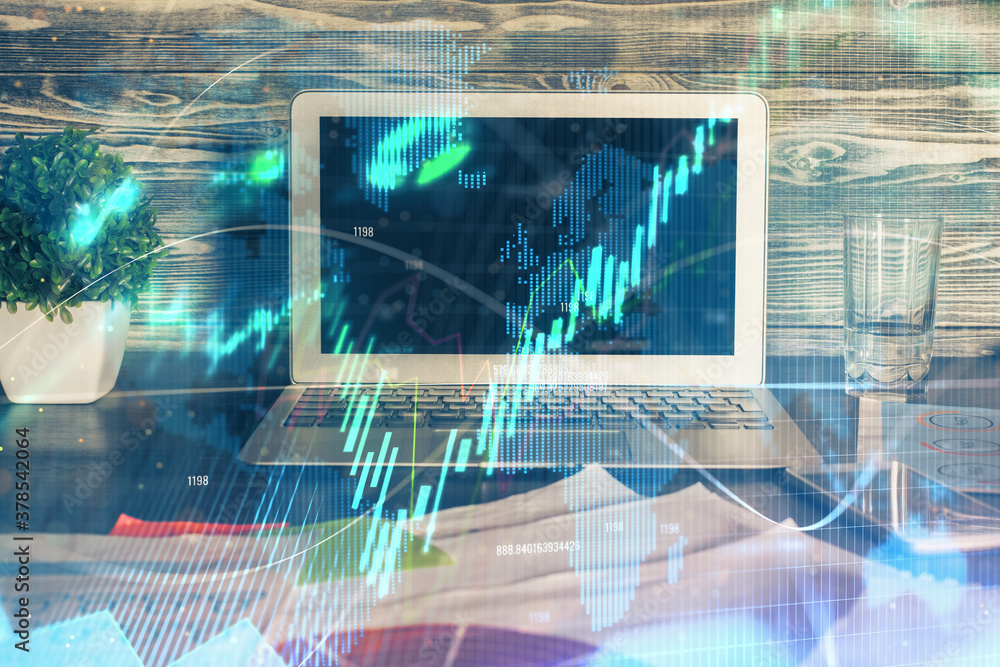 Multi exposure of forex graph and work space with computer. Concept of international online trading. Multi exposure of forex graph and work space with computer. Concept of international online trading.
