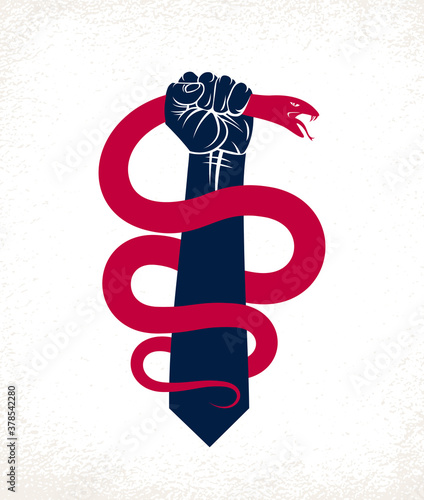 Hand squeezes a snake, fight against evil, control your dark side, internal conflict, archetype shadow, life is a fight concept, vintage vector logo or tattoo.