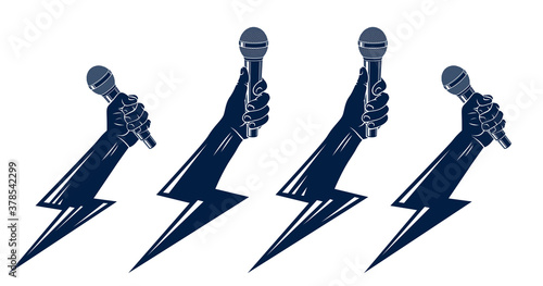 Rap music vector logos or emblems set with microphone in hand lightning bolt, hot Hip Hop rhymes festival concert or night club party labels, t-shirt prints.