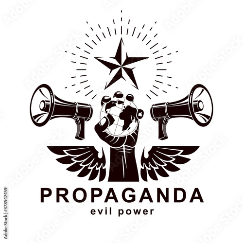 Presentation poster composed with loudspeakers, raised arm holds Earth globe, vector illustration. Propaganda as the means of global manipulation and control.