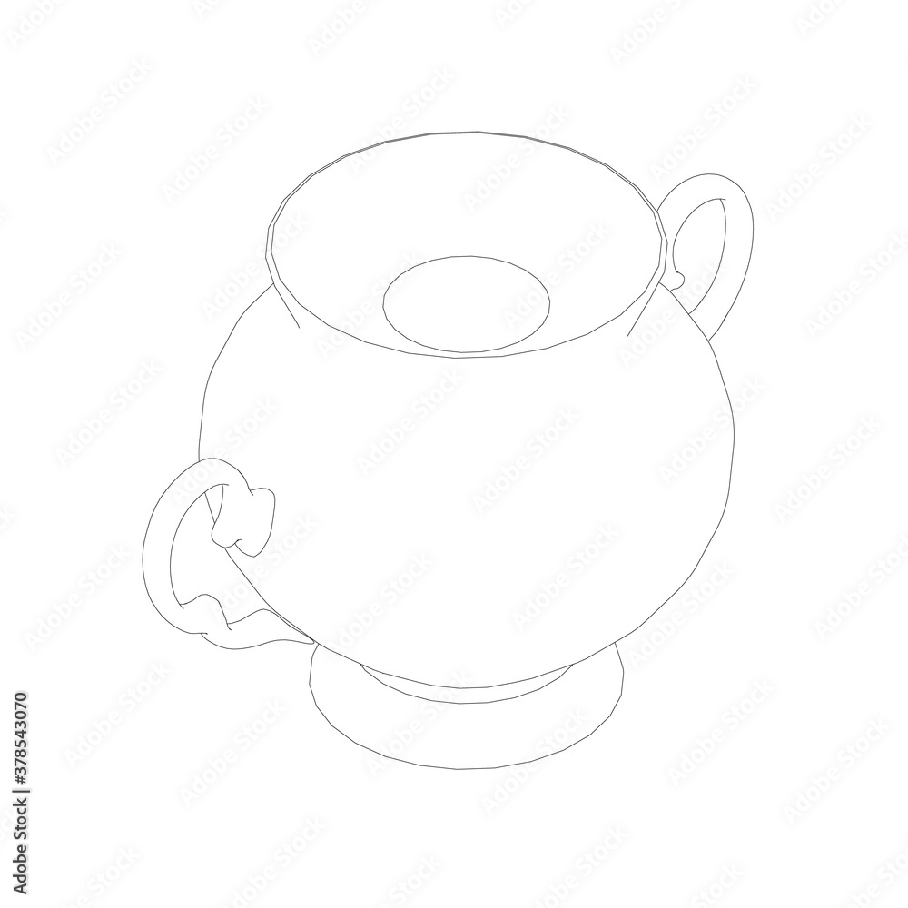 Contour of an antique decorative teapot from black lines isolated on a white background. Isometric view. Vector illustration Contour of an antique decorative teapot from black lines isolated on a white background. Isometric view. Vector illustration