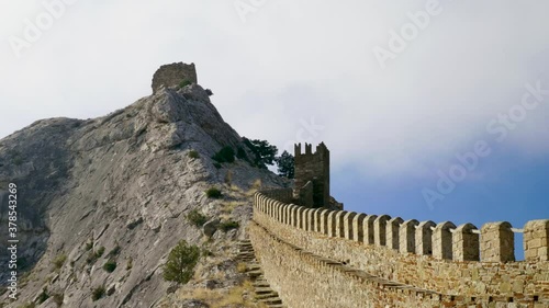 Stone fortress on a background of blue clear sky in the Crimea. 4K