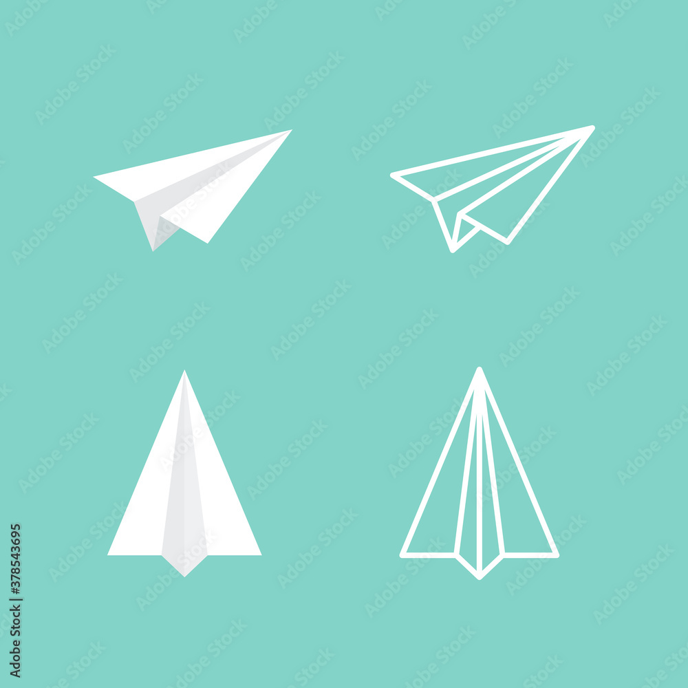 Obraz premium Paper plane icon set. White outline and flat symbols. Green background. Vector illustration, flat design