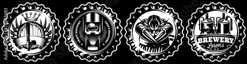 Set of metal bottle caps with designs on the theme of Beer. Vector monochrome illustration