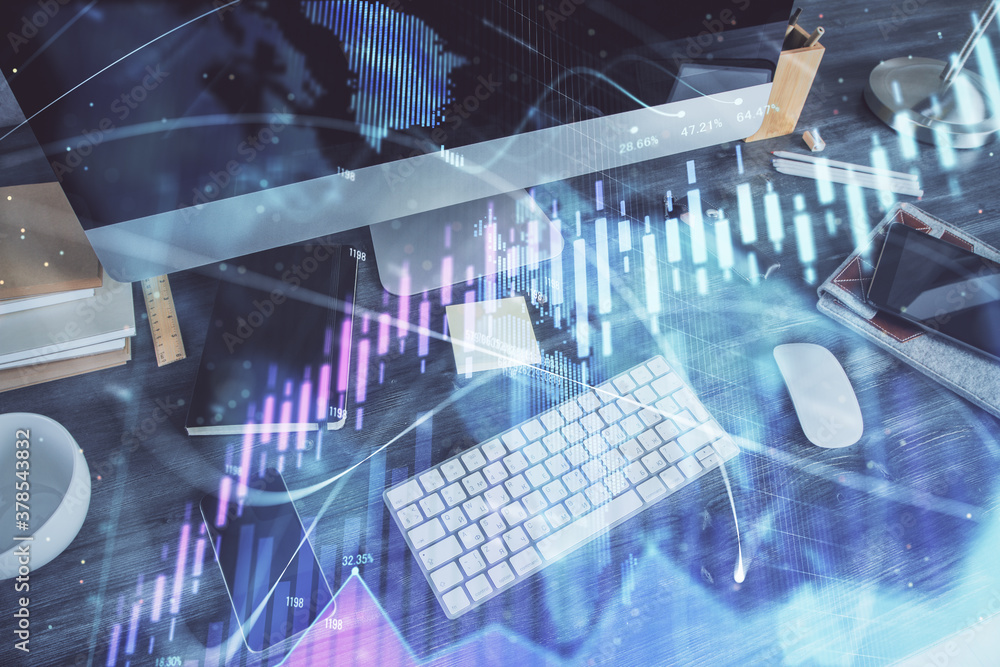 Multi exposure of forex chart and work space with computer. Concept of international online trading. Multi exposure of forex chart and work space with computer. Concept of international online trading.
